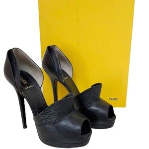 Fendi Black Leather Peep-Toe Platform Heels